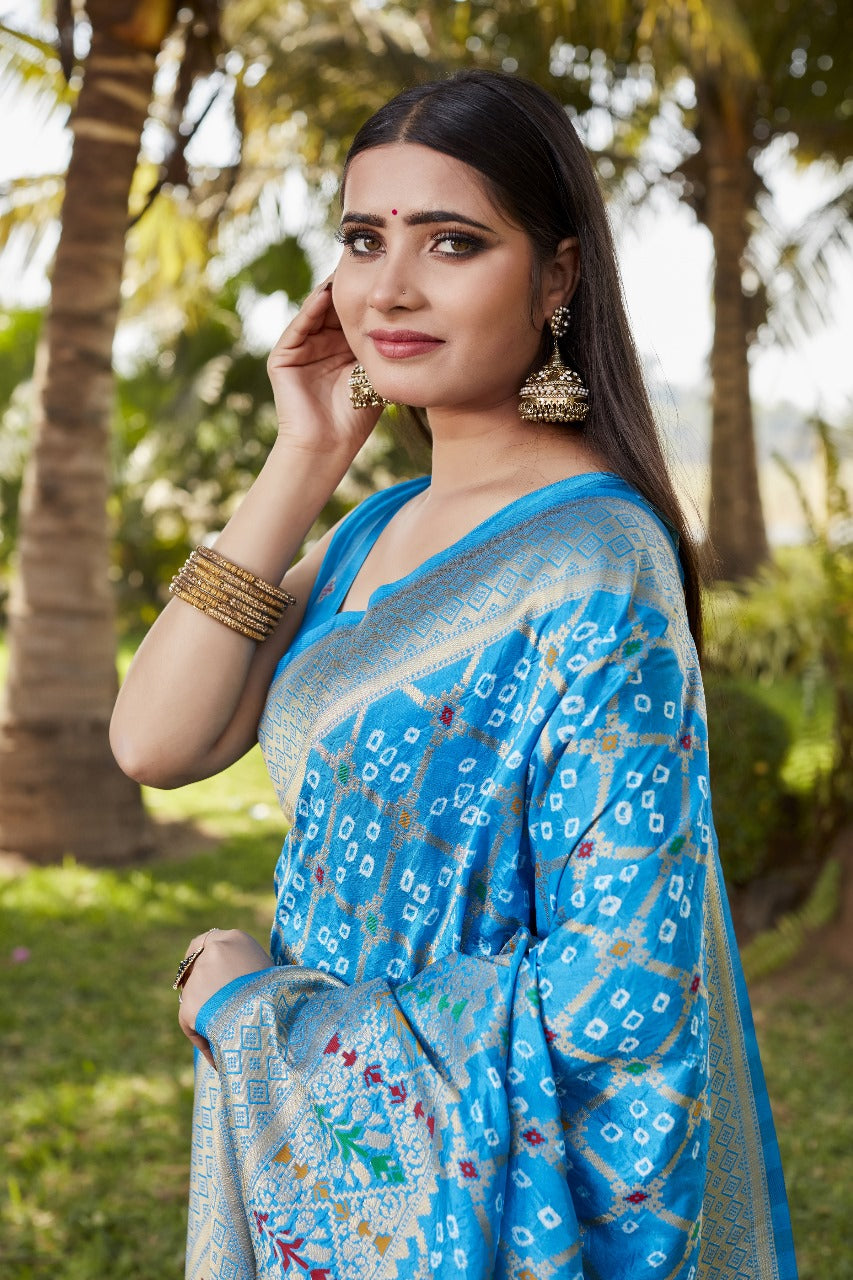 Sky Blue Bandhej Silk Saree