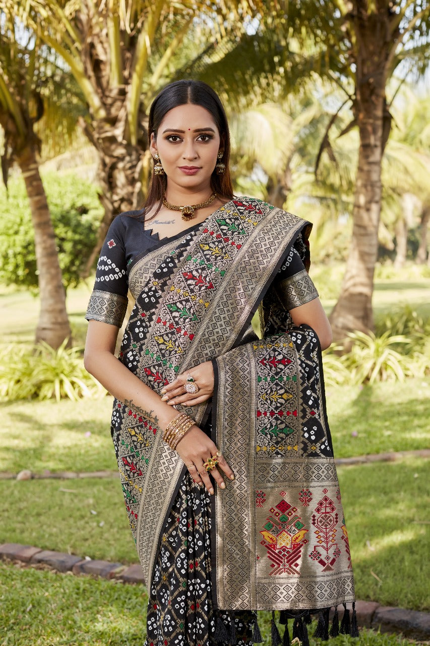 Black Bandhej Silk Saree