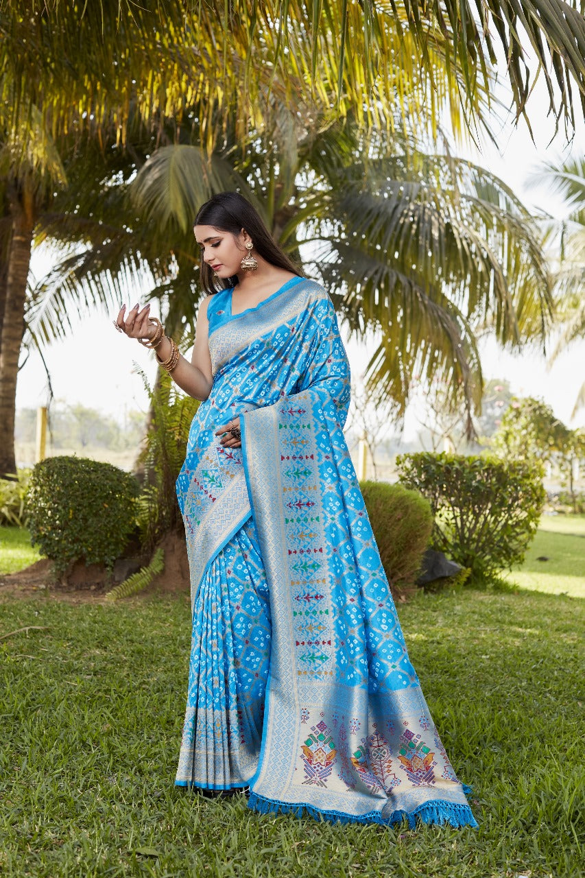 Sky Blue Bandhej Silk Saree