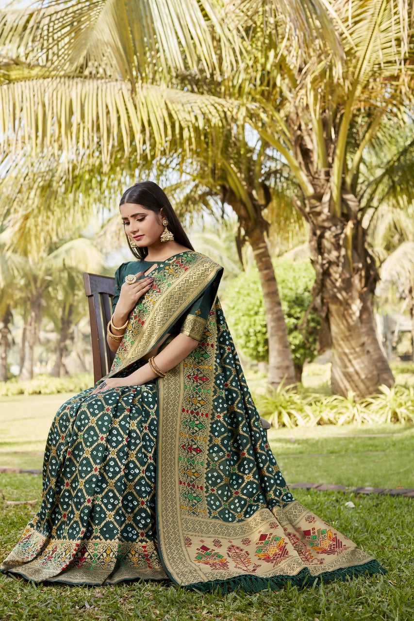 Dark Green Bandhej Silk Saree