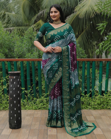 Dark Green Bandhej Silk Saree