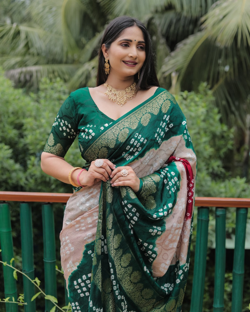 Dark Green Bandhej Silk Saree