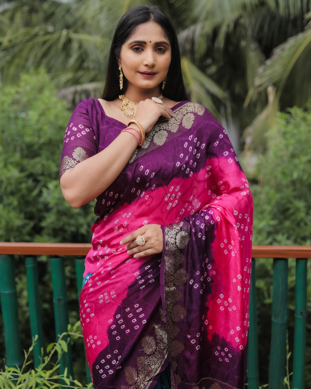 Pink Bandhej Silk Saree