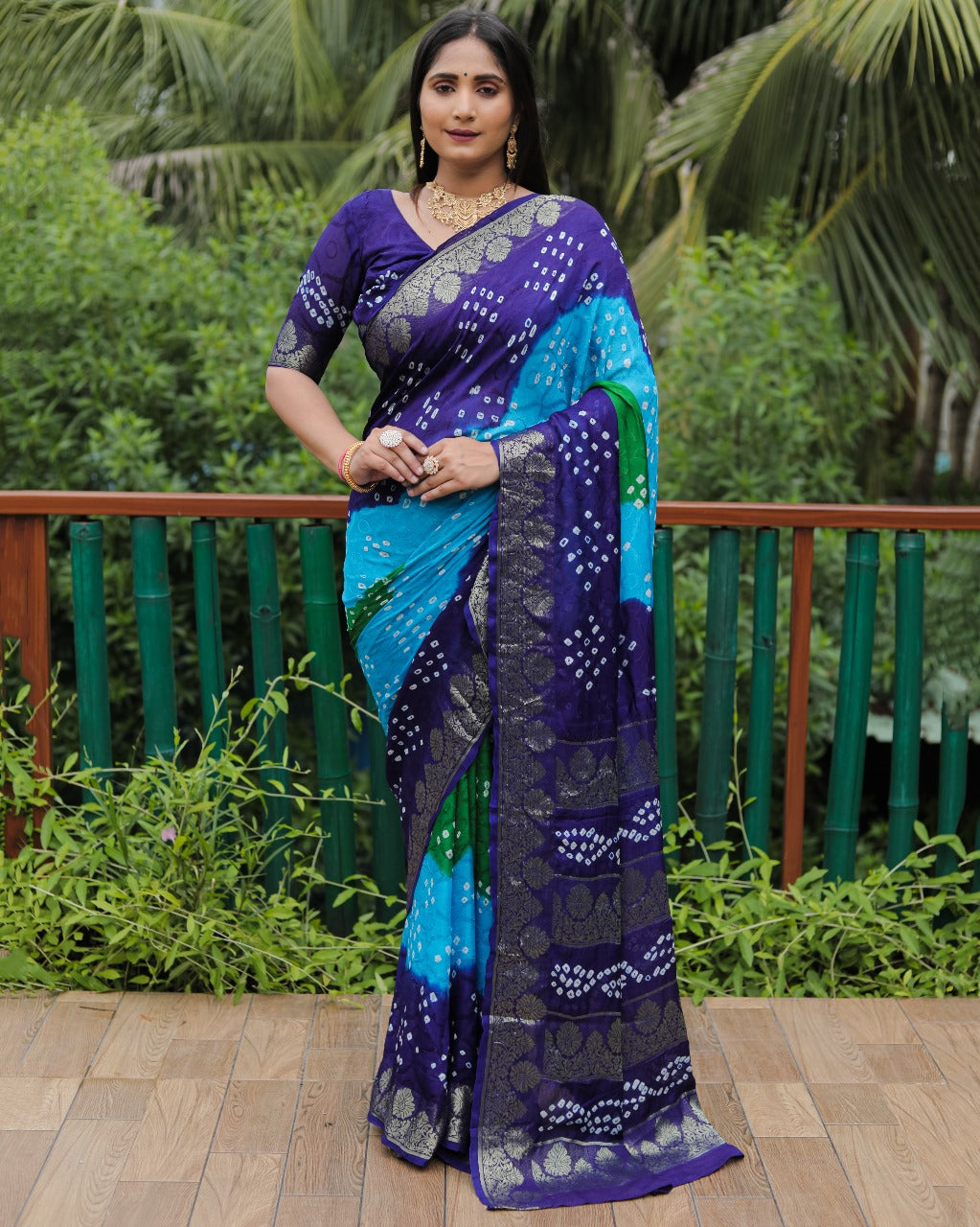 Sky Blue Bandhej Silk Saree