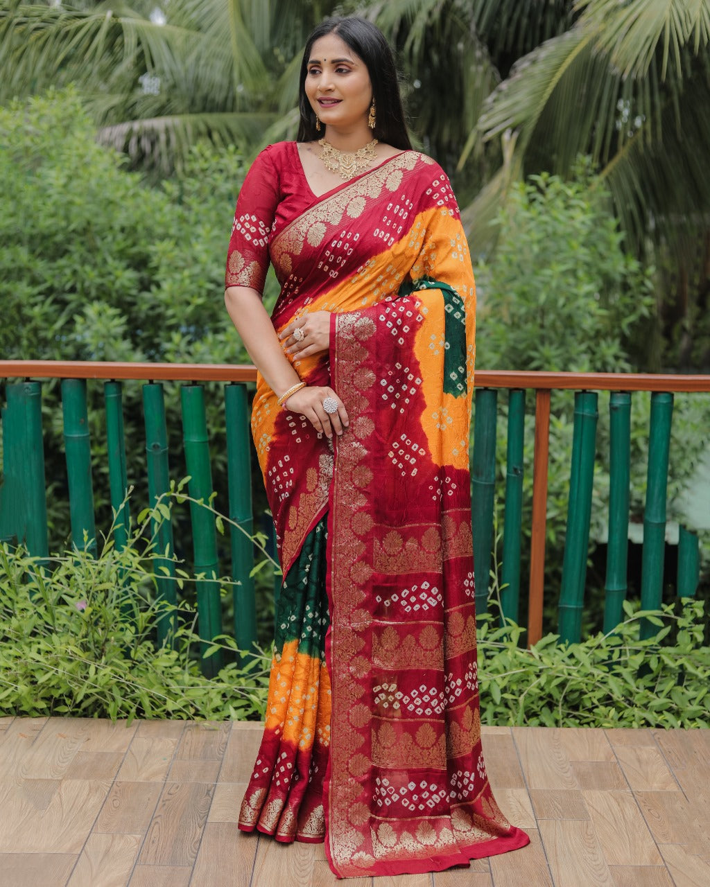 Yellow Bandhej Silk Saree