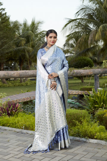 Light Blue Kanjivaram Soft satin Silk Saree