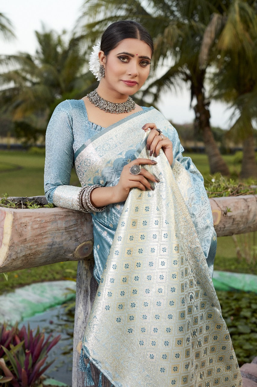 Sky Blue Kanjivaram Soft satin Silk Saree