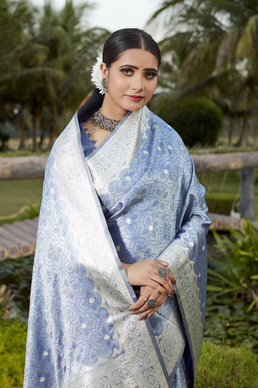 Light Blue Kanjivaram Soft satin Silk Saree