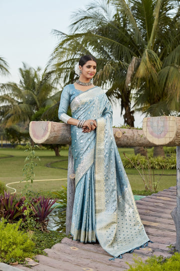 Sky Blue Kanjivaram Soft satin Silk Saree