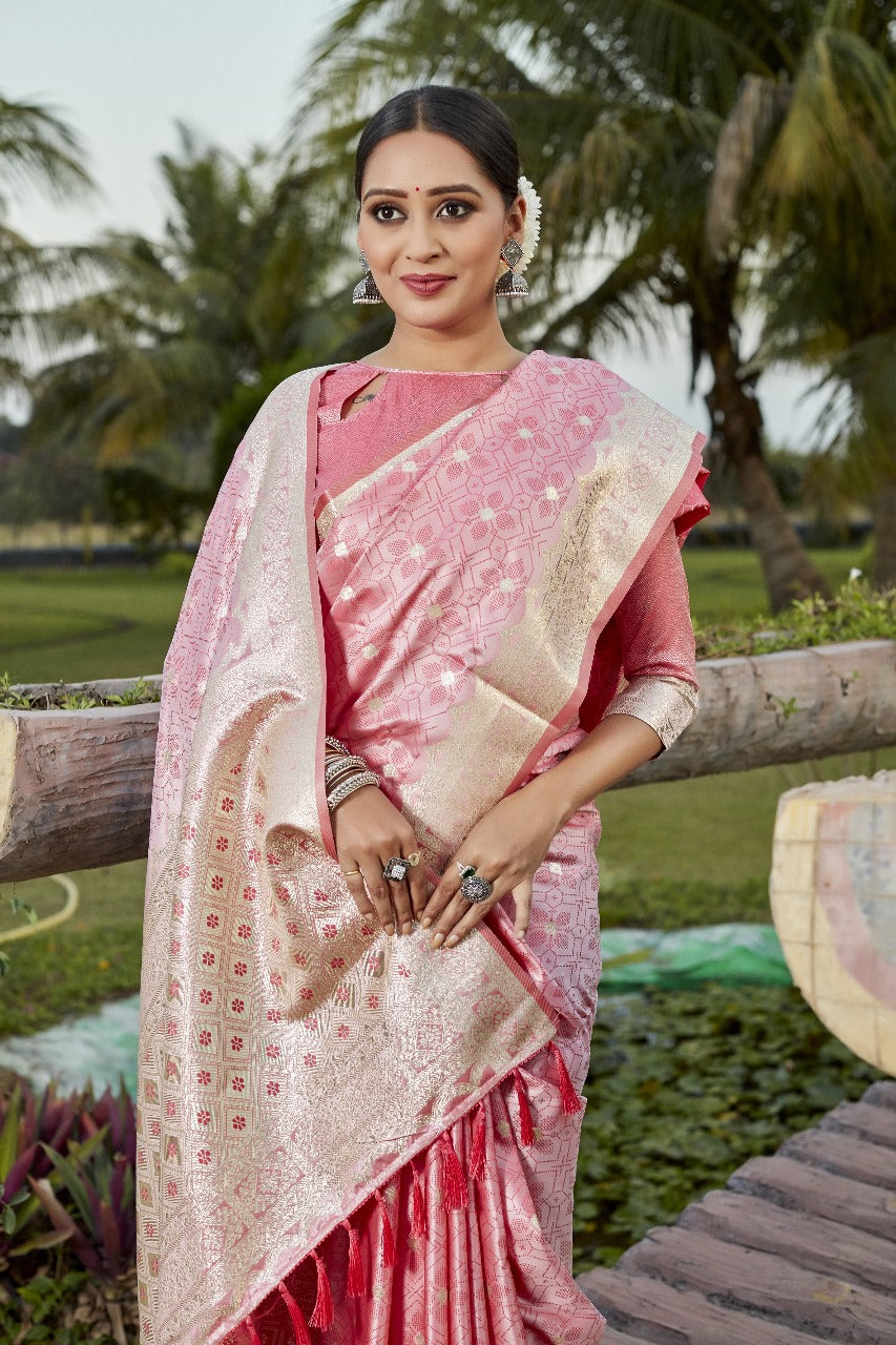 Pink Kanjivaram Soft satin Silk Saree