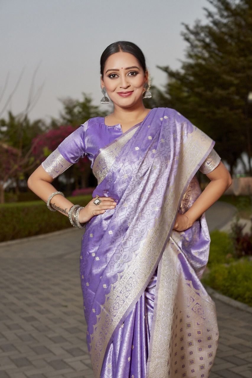 Lavender Kanjivaram Soft satin Silk Saree