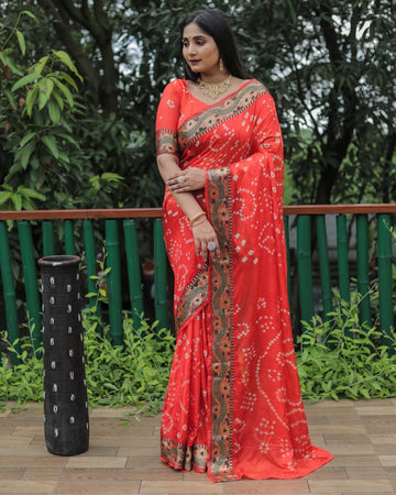 Orange Bandhej Silk Saree