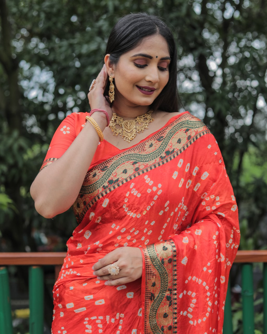 Orange Bandhej Silk Saree