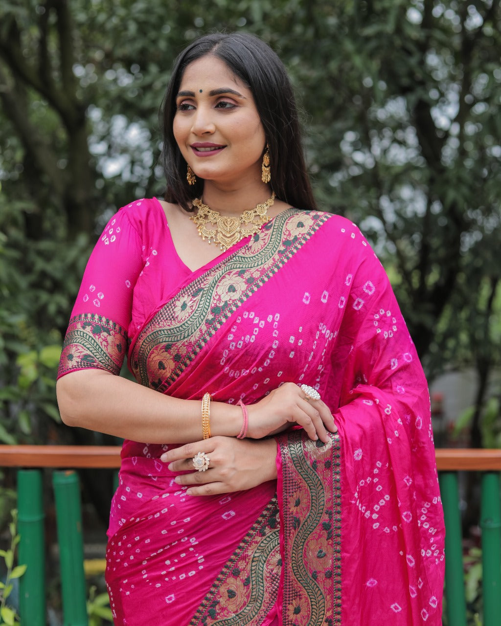 Magenta Pink Bandhej Silk Saree