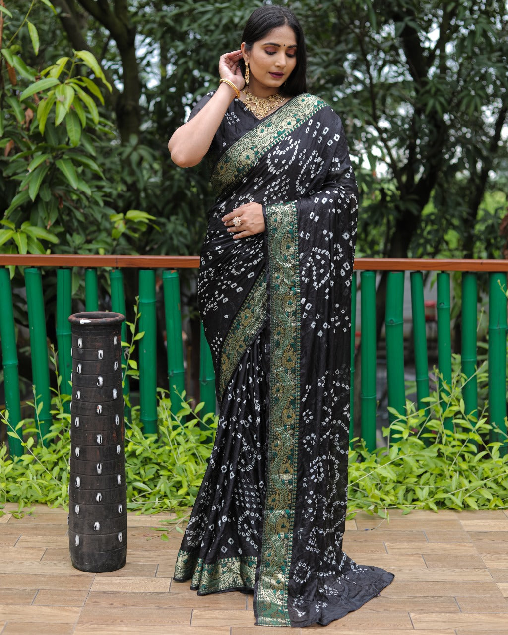 Black Bandhej Silk Saree