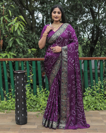 Purple Bandhej Silk Saree