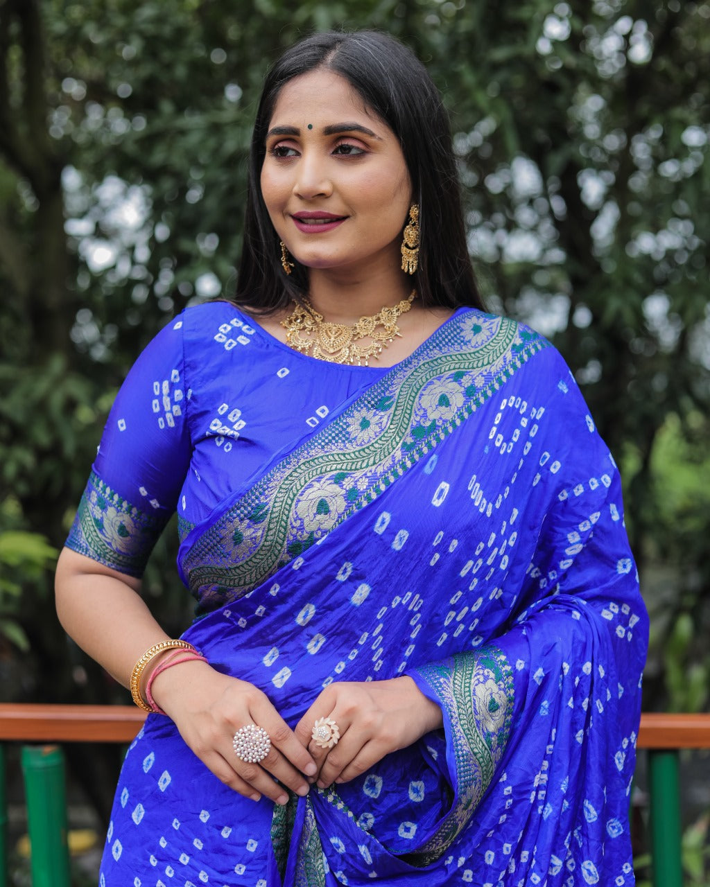 Blue Bandhej Silk Saree