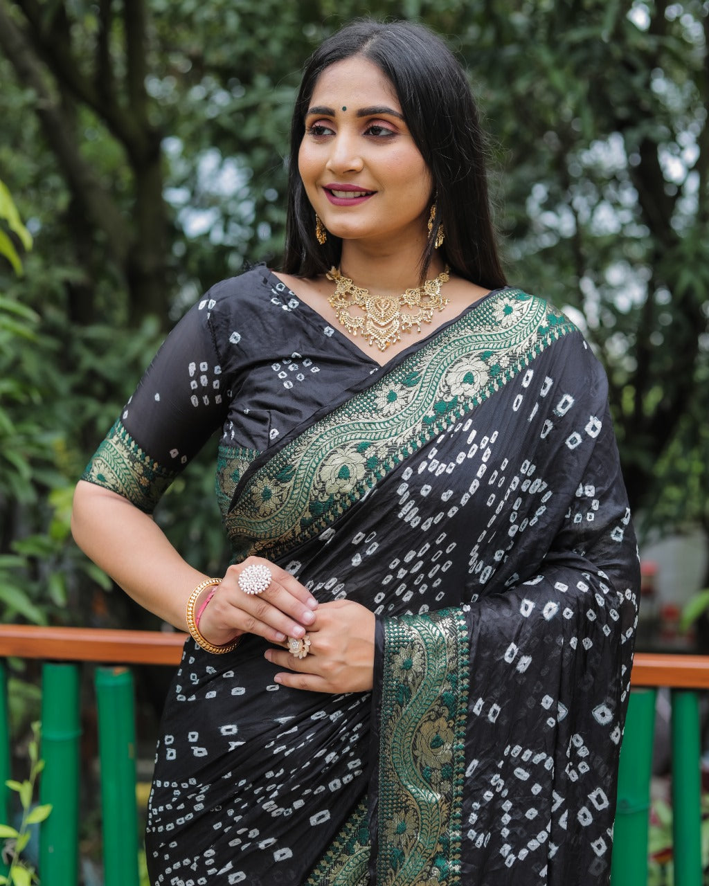 Black Bandhej Silk Saree