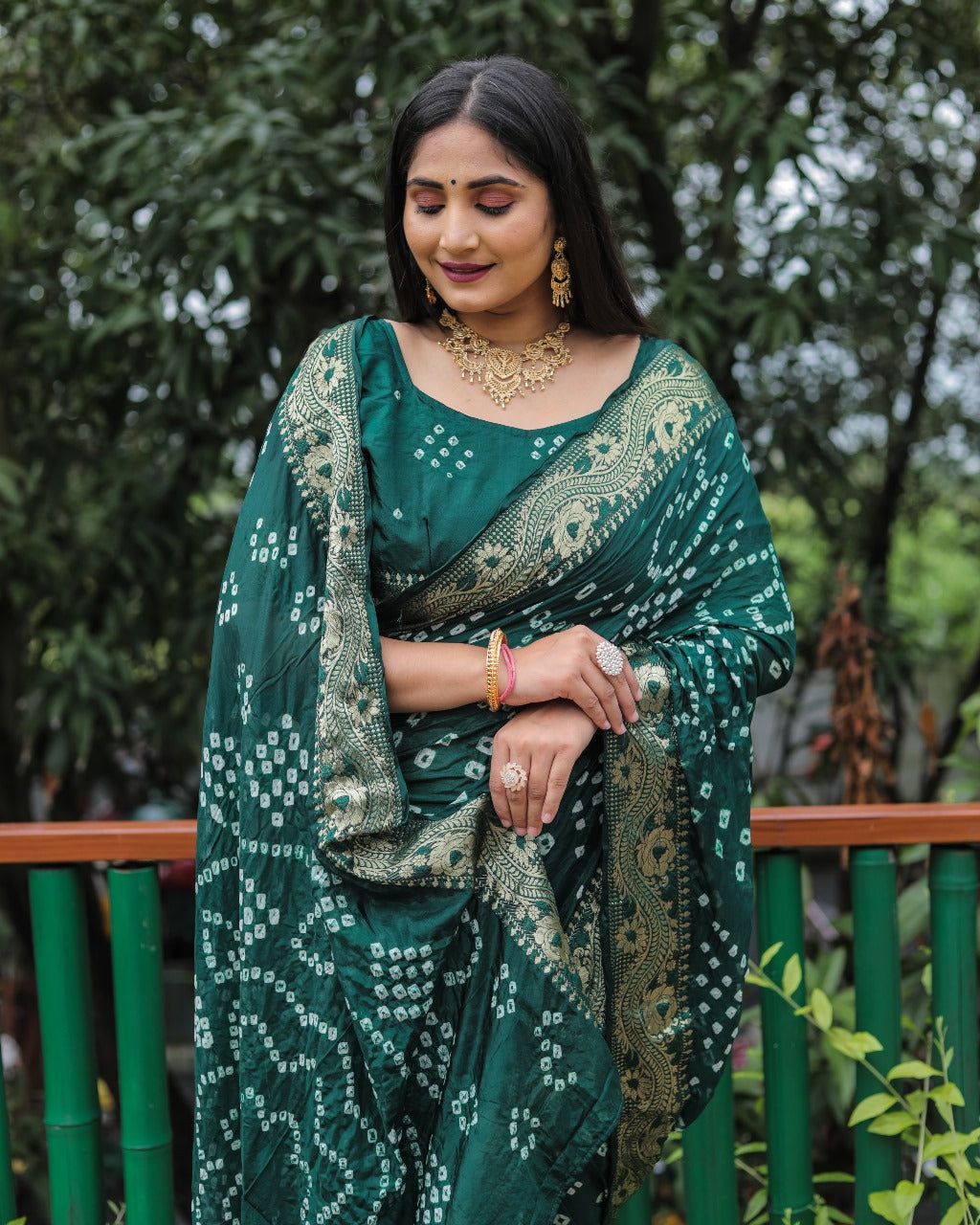 Dark Green Bandhej Silk Saree