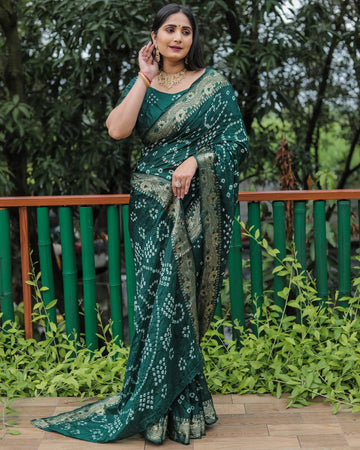 Dark Green Bandhej Silk Saree