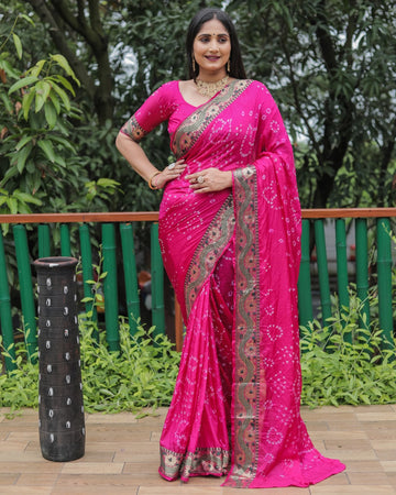 Magenta Pink Bandhej Silk Saree