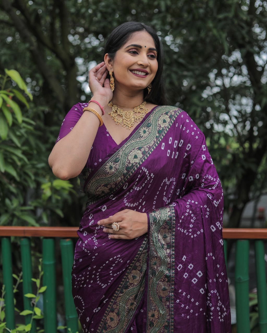 Purple Bandhej Silk Saree