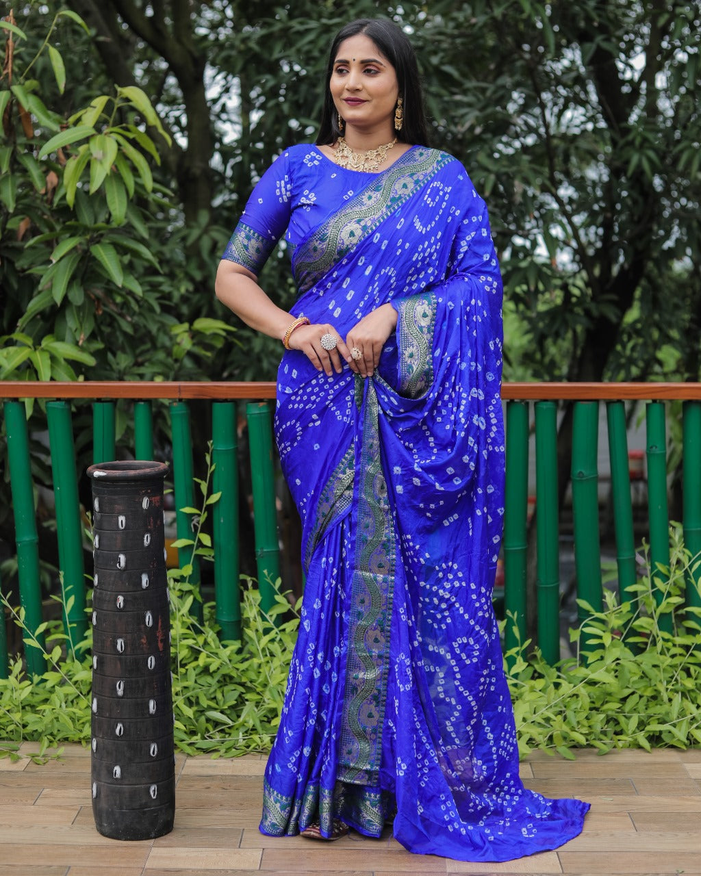 Blue Bandhej Silk Saree