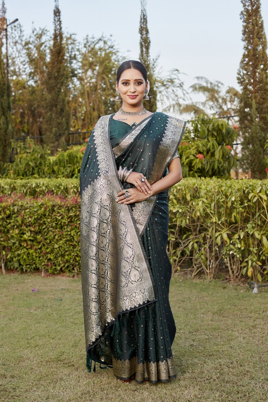 Dark Green Kanjivaram Soft Satin Silk Saree