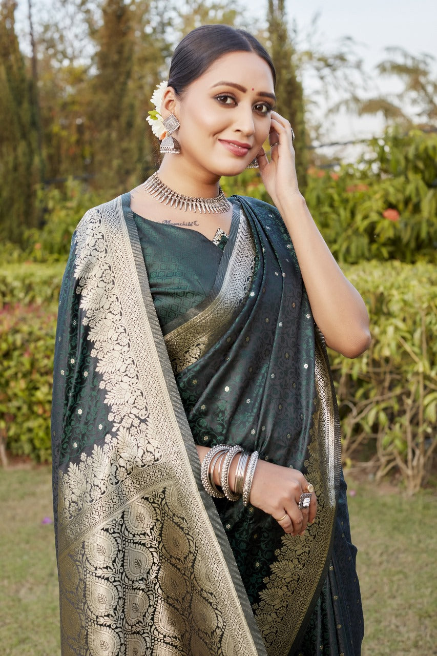 Dark Green Kanjivaram Soft Satin Silk Saree