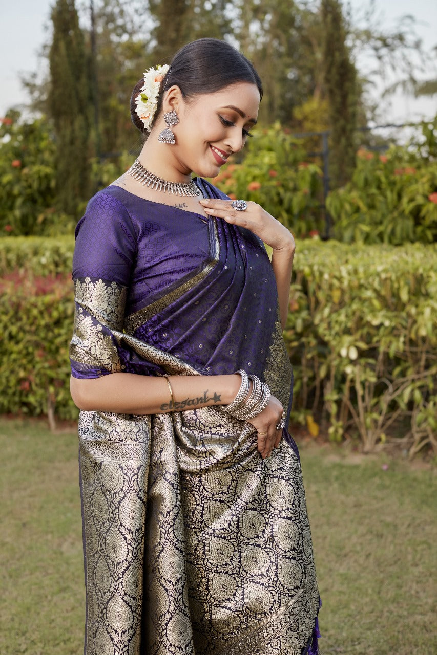 Violet Kanjivaram Soft Satin Silk Saree