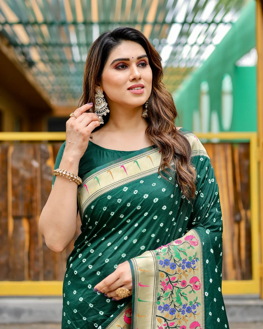 Green Bandhej Silk Saree