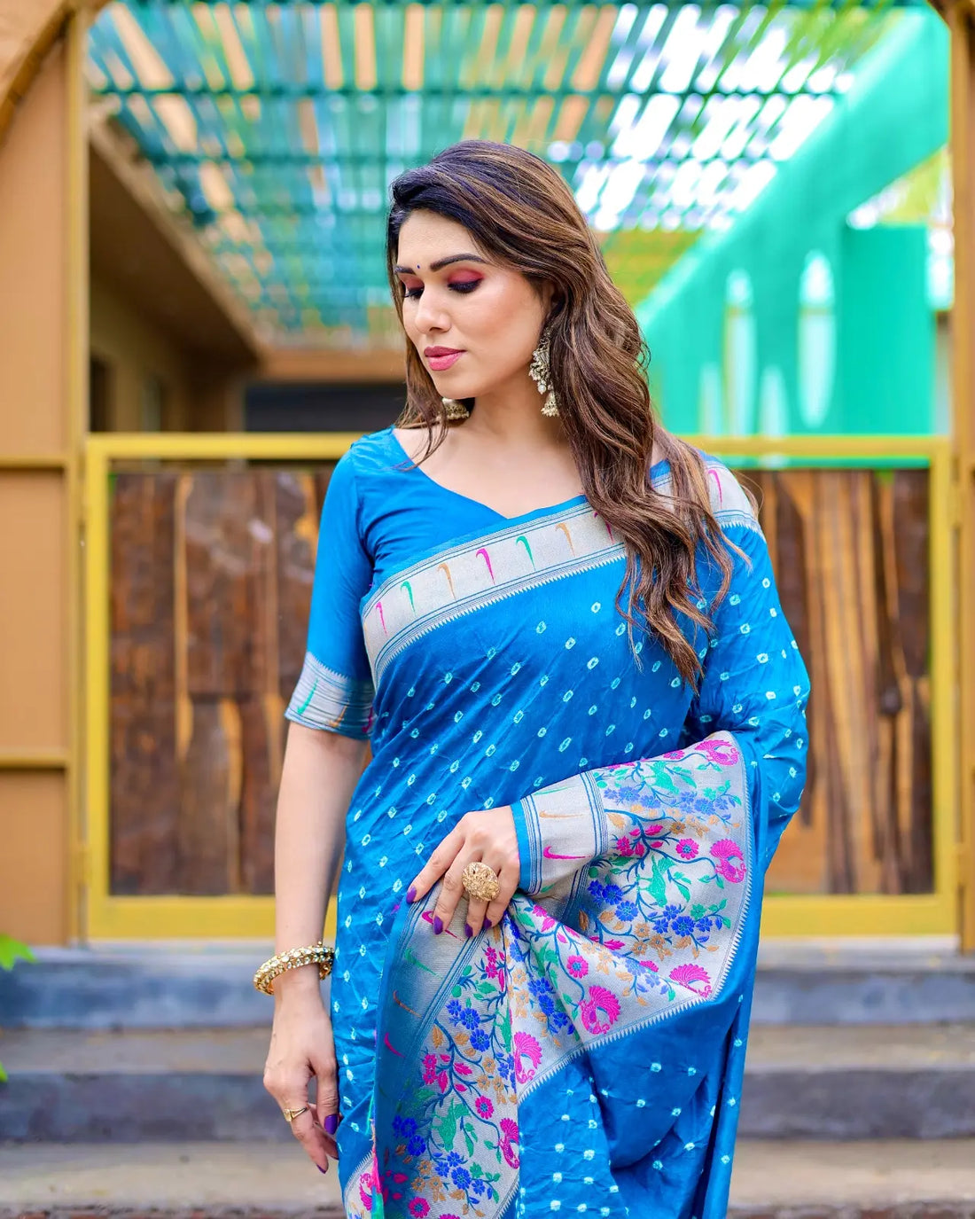 Azure Blue Bandhej Silk Saree