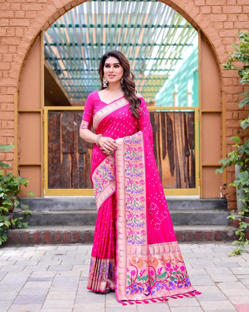 Magenta Pink Bandhej Silk Saree