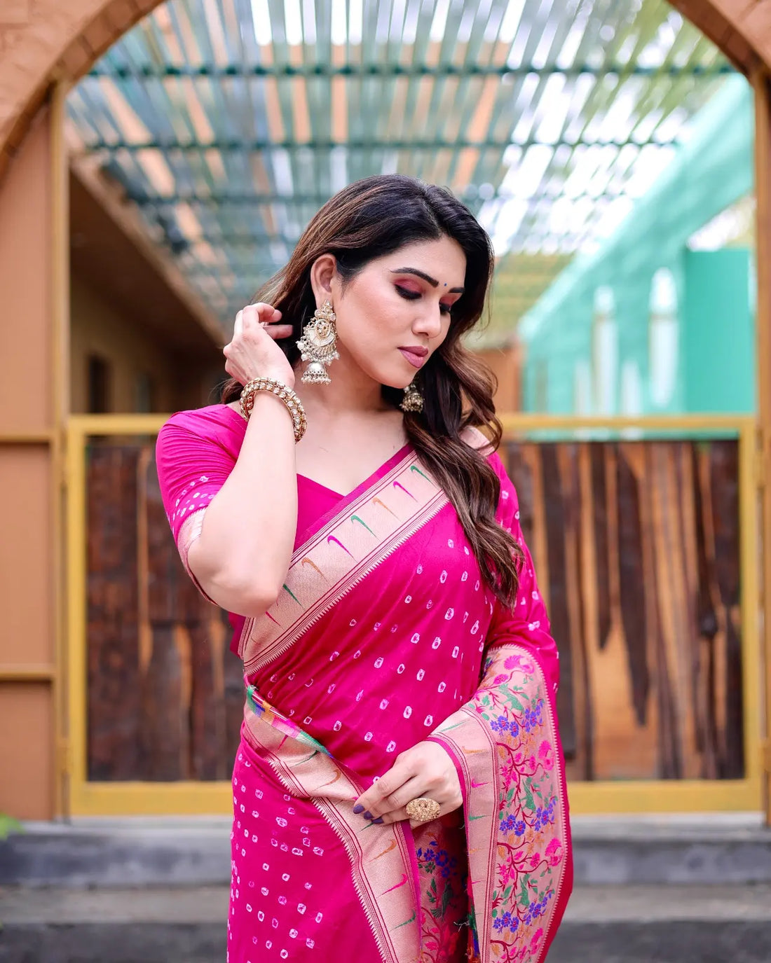 Magenta Pink Bandhej Silk Saree