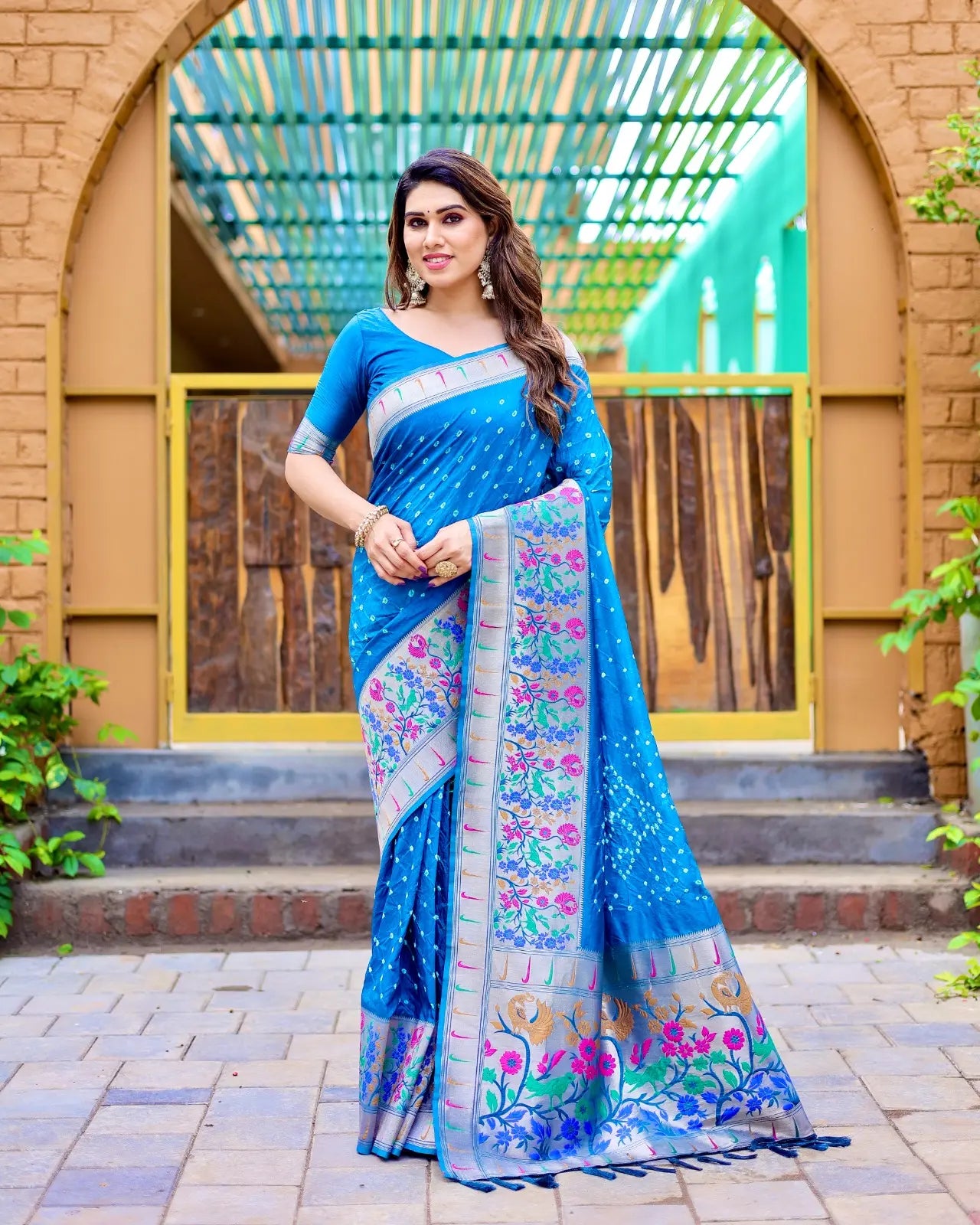 Azure Blue Bandhej Silk Saree