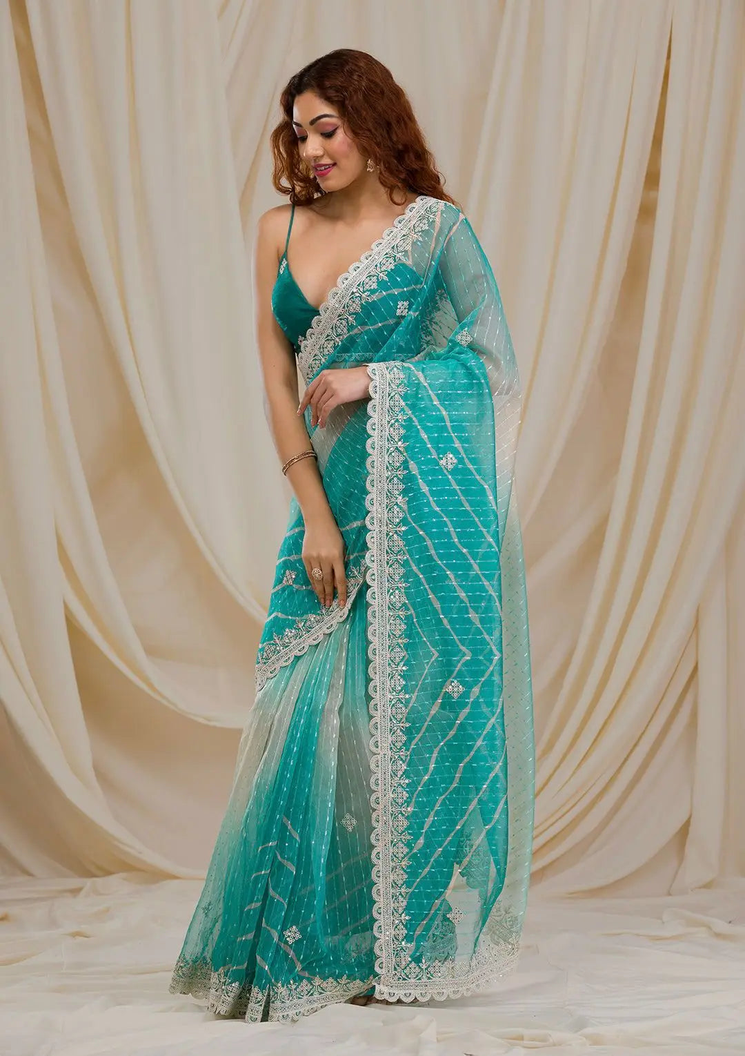 Sky Blue & White Georgette Saree