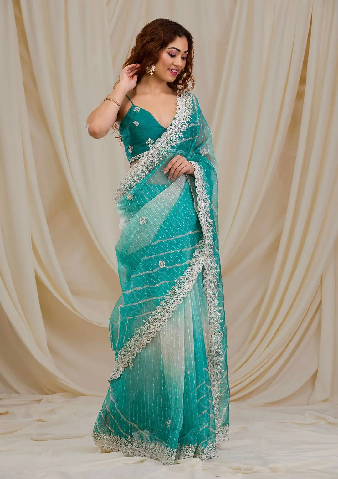 Sky Blue & White Georgette Saree