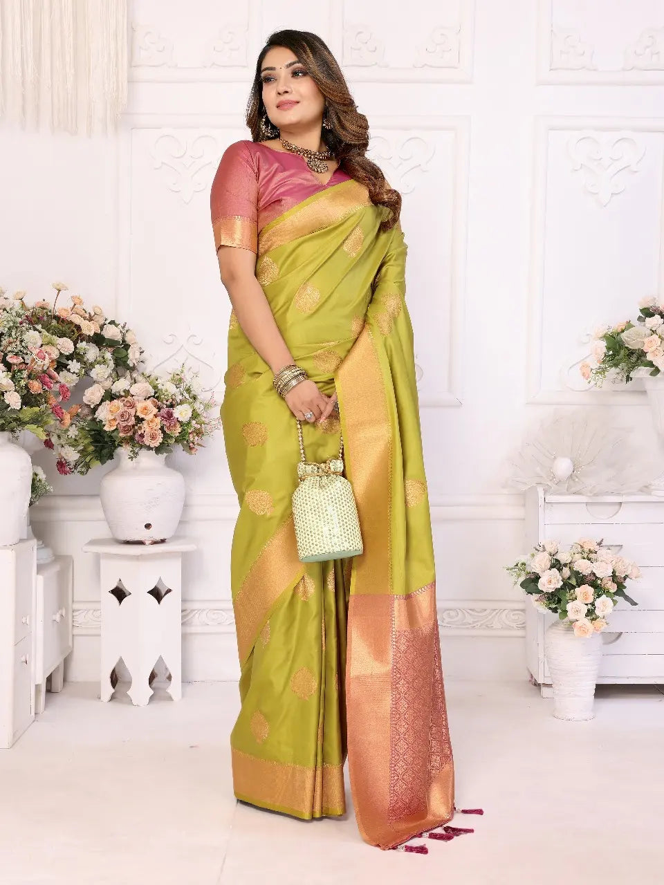 Olive Green Litchi Soft Silk Sarees