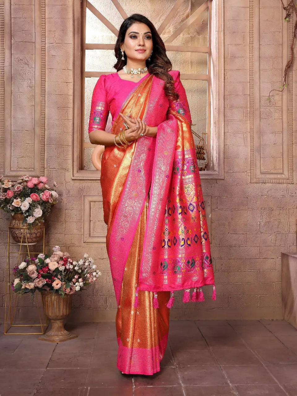 Orange Banarasi Tissue Silk Saree