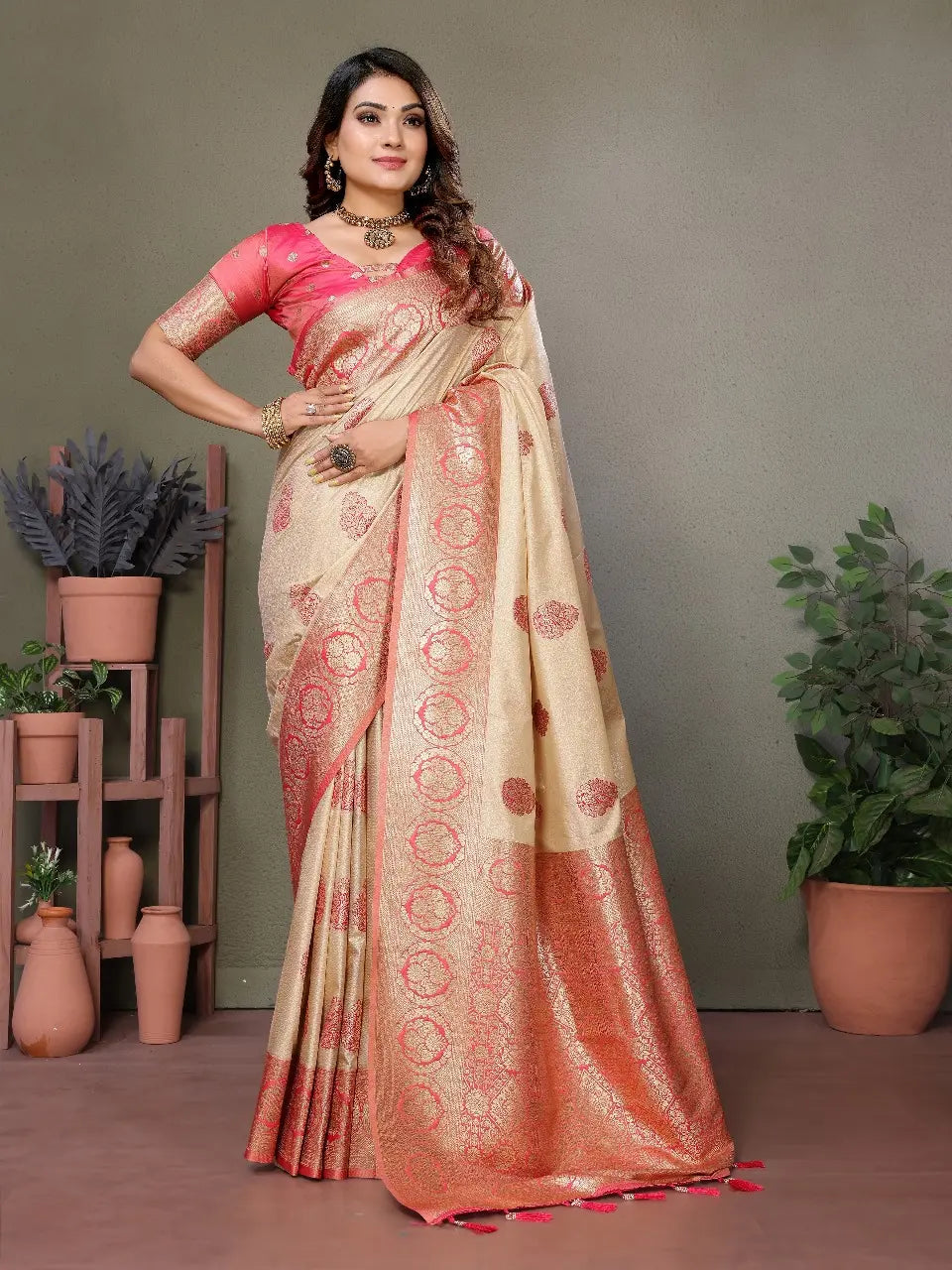 Beige Viscose Silk Saree