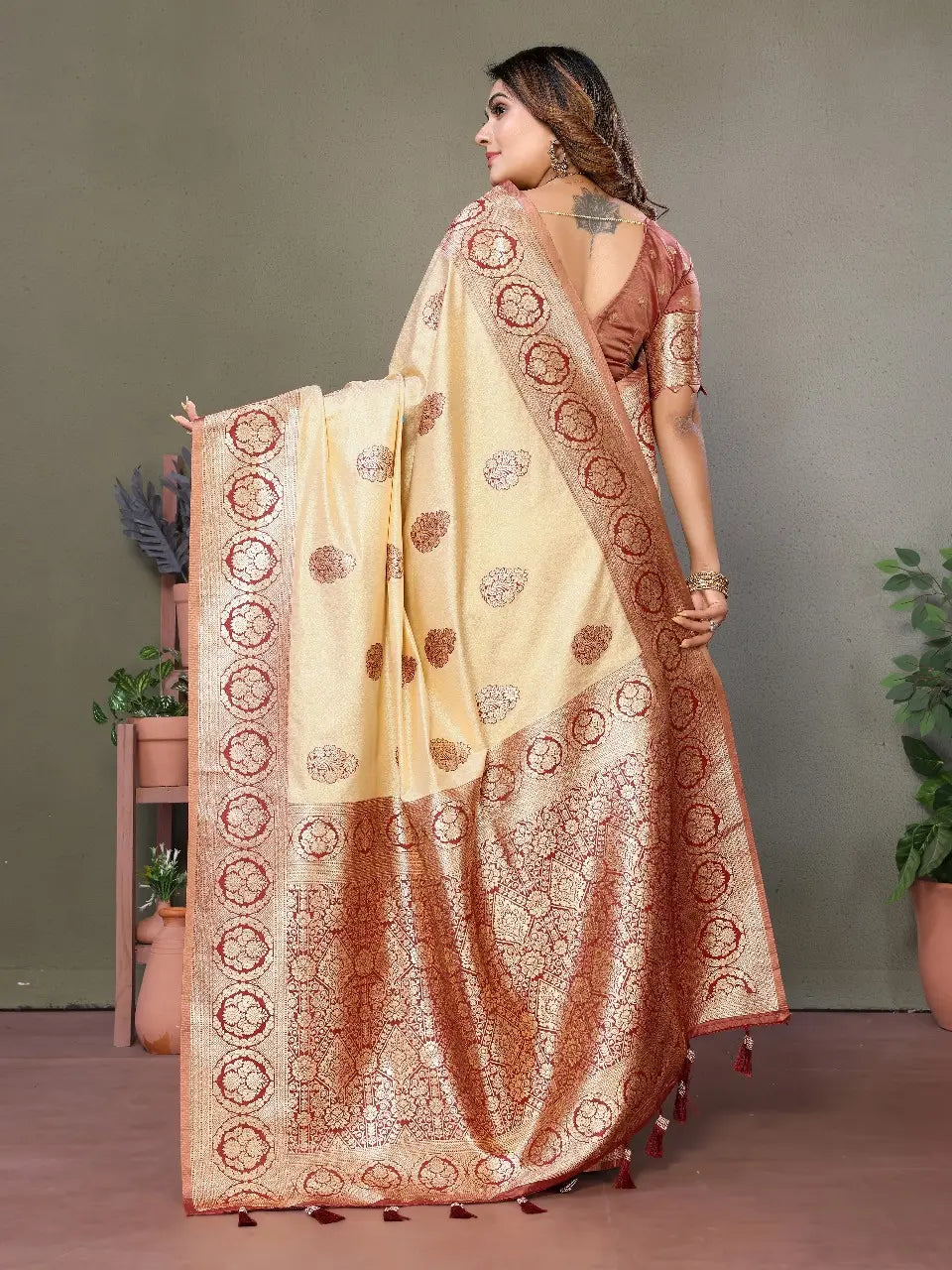 Beige Viscose Silk Saree