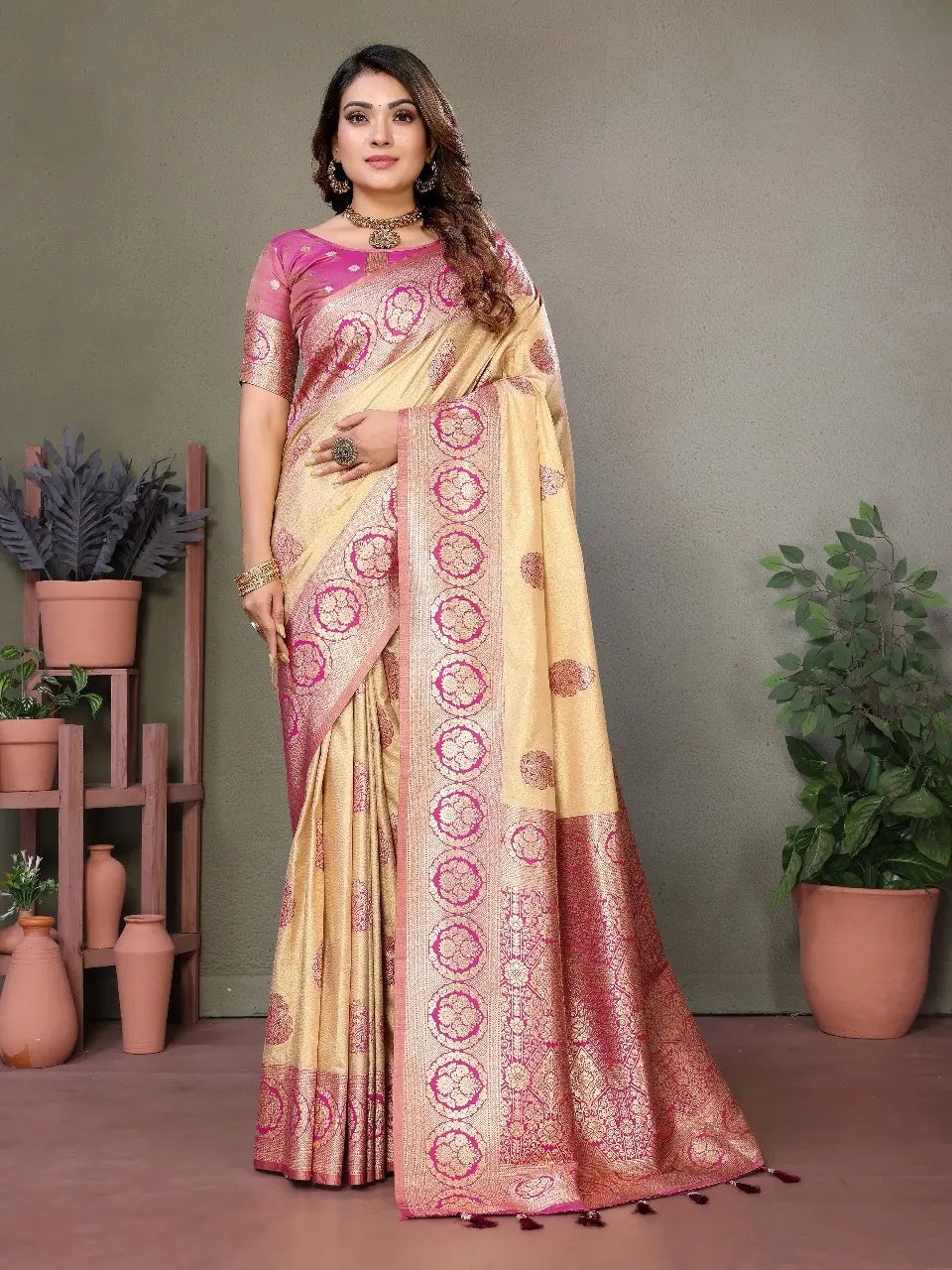 Beige Viscose Silk Saree