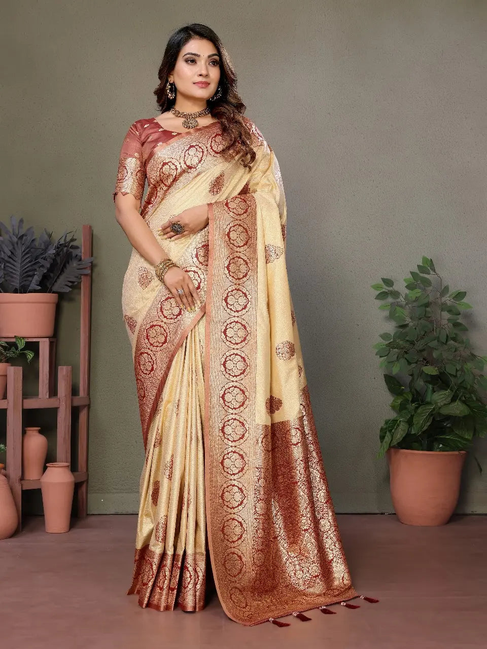 Beige Viscose Silk Saree