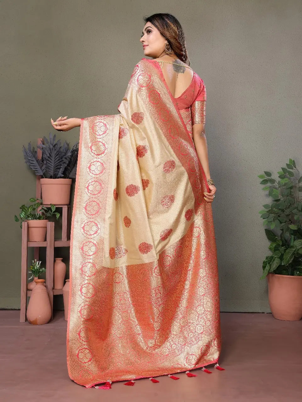 Beige Viscose Silk Saree