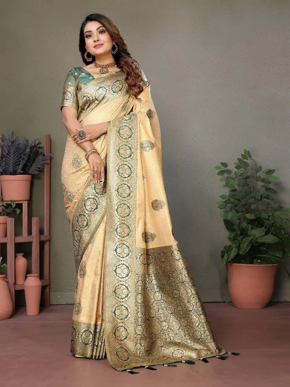 Beige Viscose Silk Saree