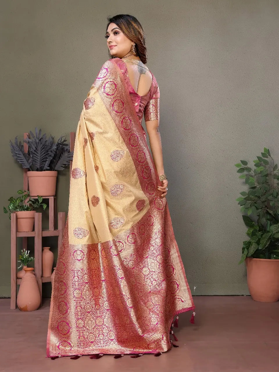 Beige Viscose Silk Saree