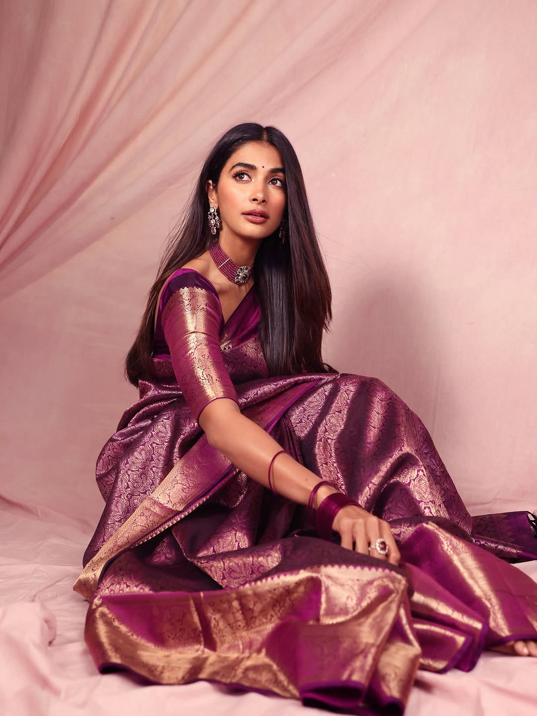 Pooja Hegde Inspired Elegant Royal Purple Tissue Silk Saree With Golden Zari Weave