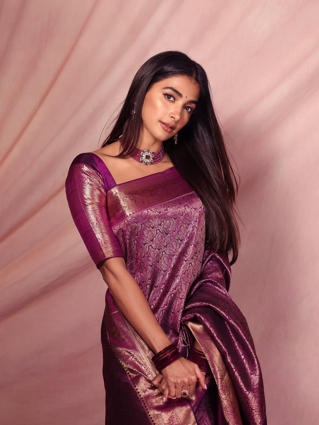 Pooja Hegde Inspired Elegant Royal Purple Tissue Silk Saree With Golden Zari Weave