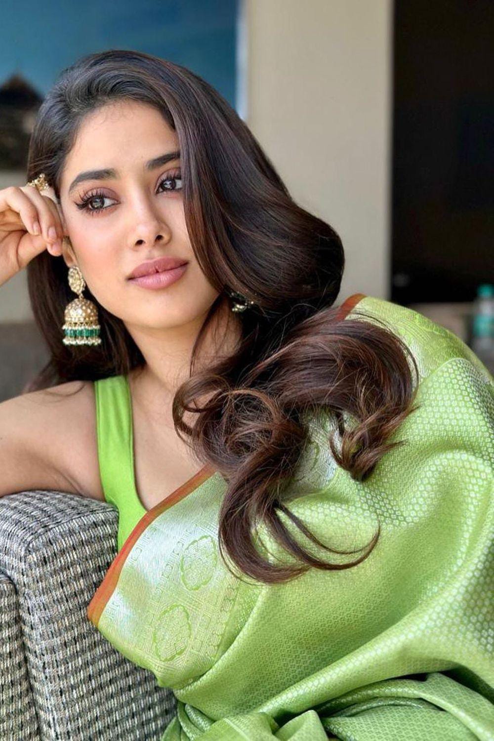 Janhvi Kapoor Inspired Light Green Tanchui Soft Silk Saree