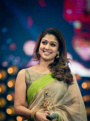 Nayanthara Inspired Beige Tissue Check Saree